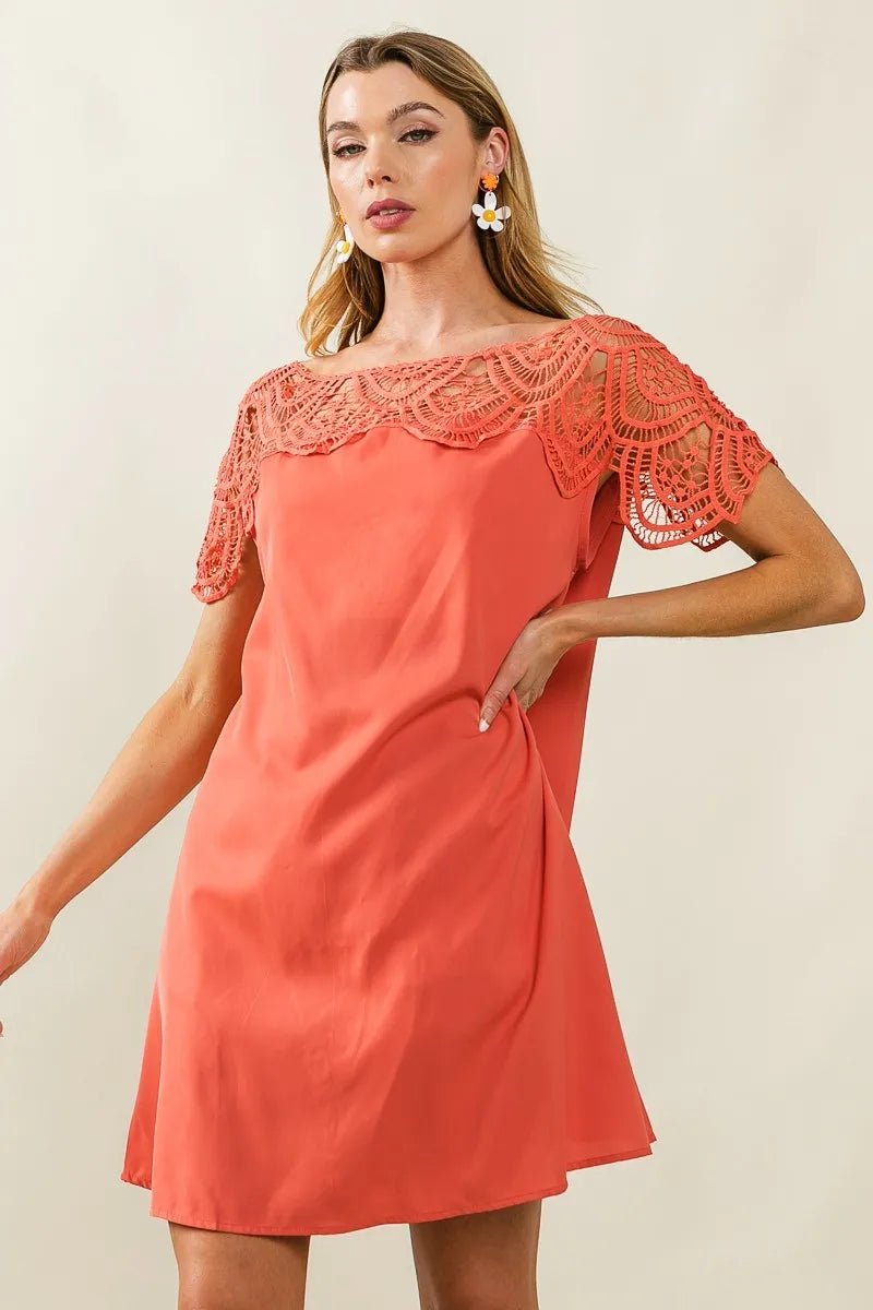 BiBi - Crochet Yoke Mini Dress in Coral Rose