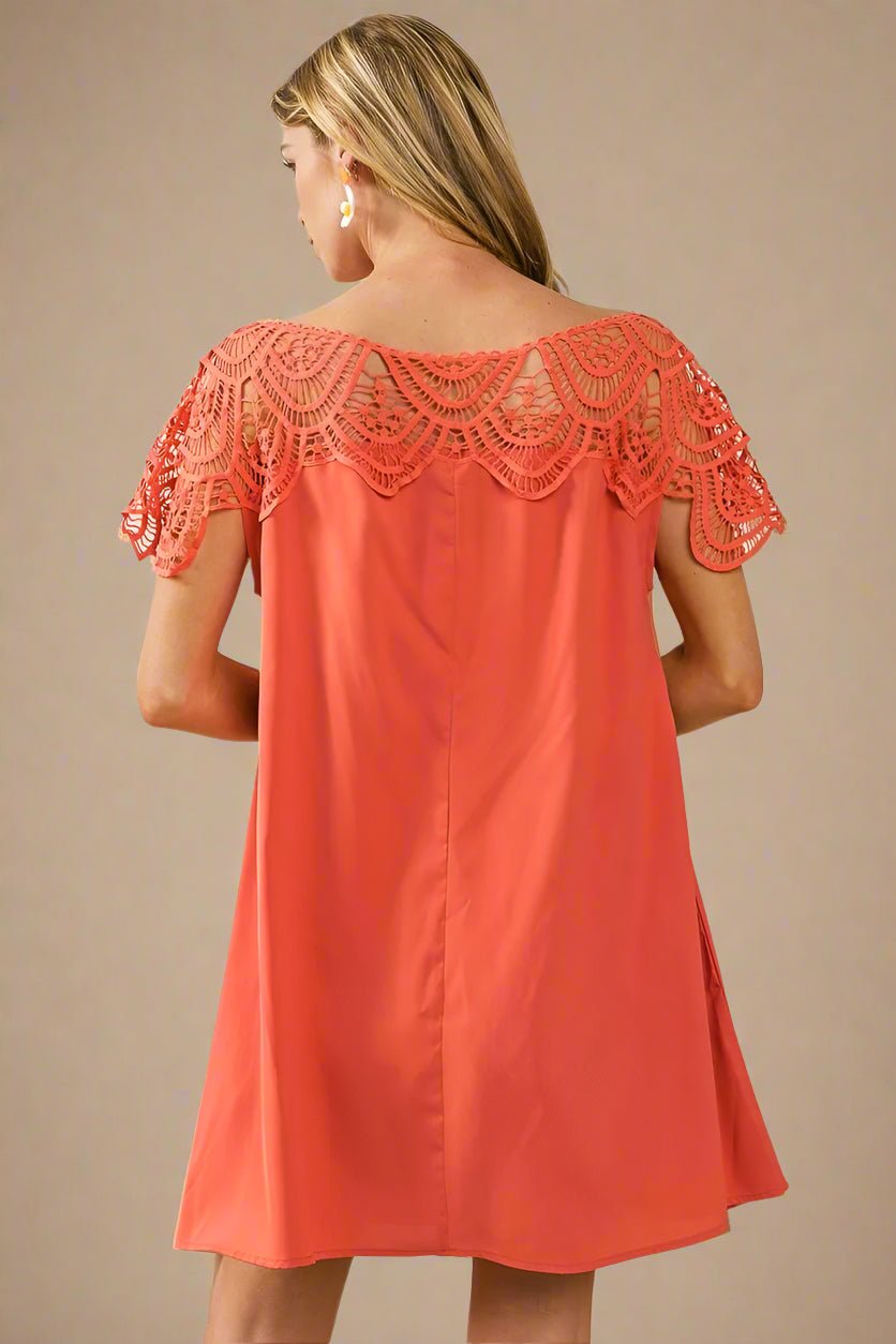 BiBi - Crochet Yoke Mini Dress in Coral Rose