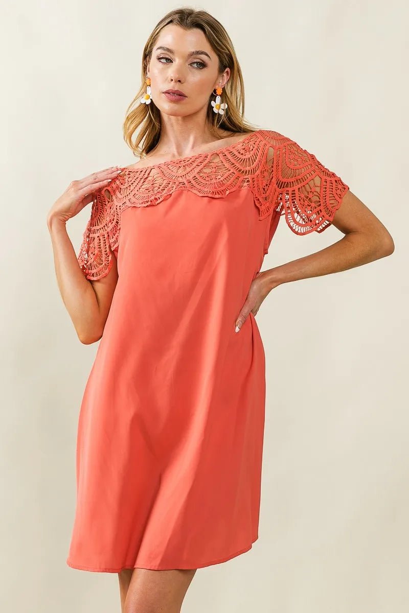 BiBi - Crochet Yoke Mini Dress in Coral Rose