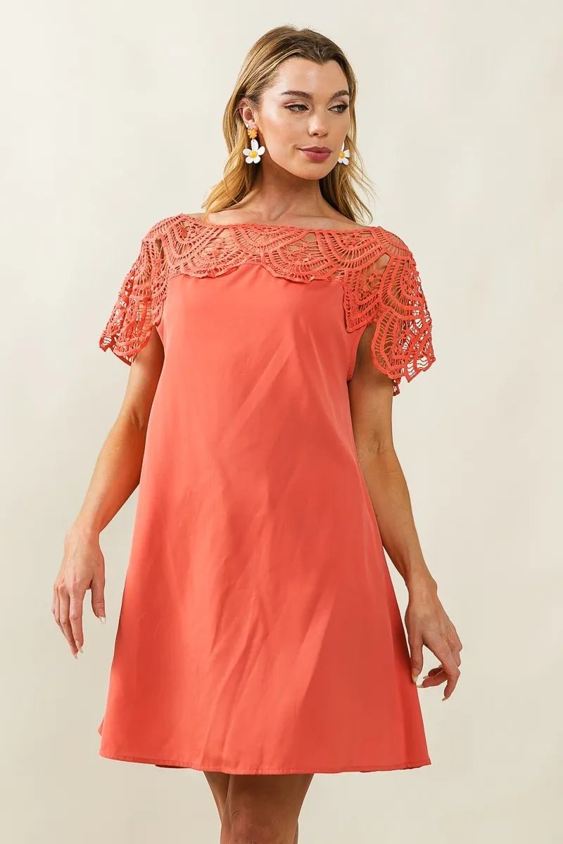 BiBi - Crochet Yoke Mini Dress in Coral Rose