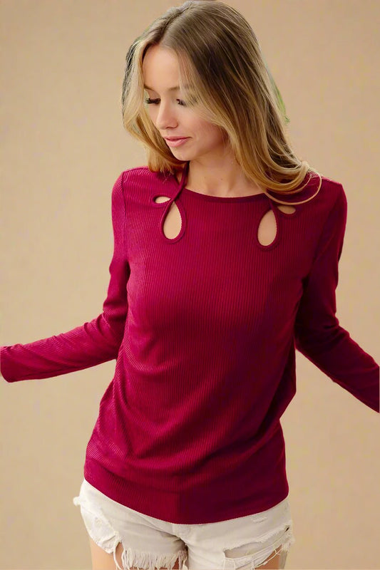 BiBi - Cutout Keyhole Tie - Back Top in Berry Wine