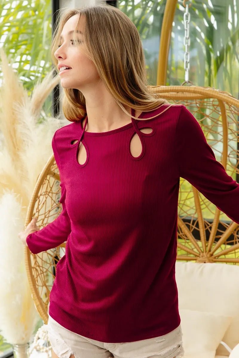 BiBi - Cutout Keyhole Tie - Back Top in Berry Wine