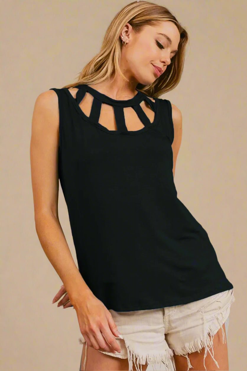 BiBi - Cutout Sleeveless Knit Tank in Black