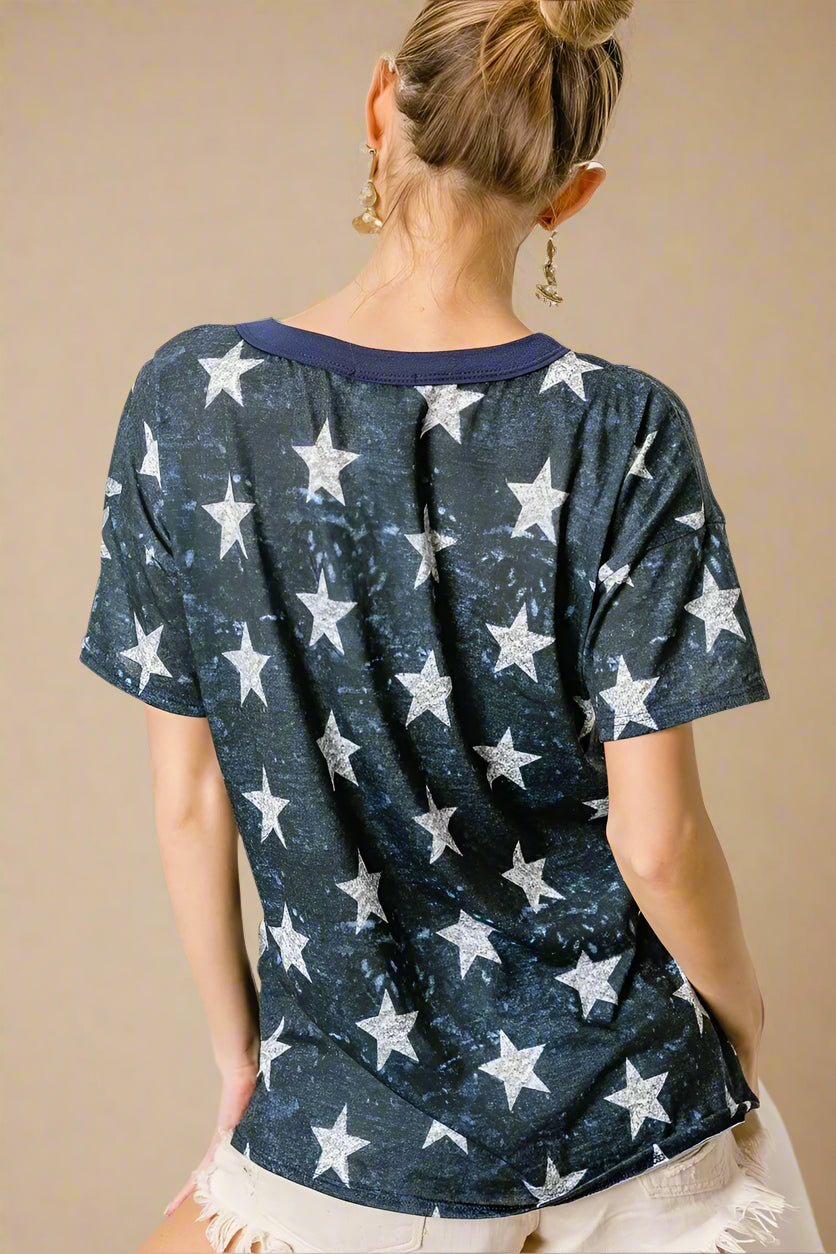 BiBi - Cutout Yoke Star Print Tee in Washed Navy