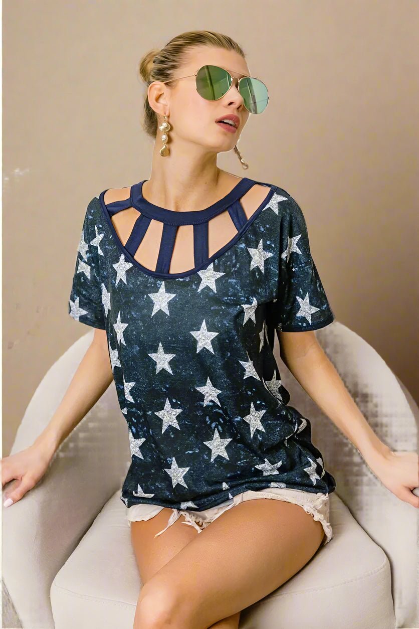 BiBi - Cutout Yoke Star Print Tee in Washed Navy