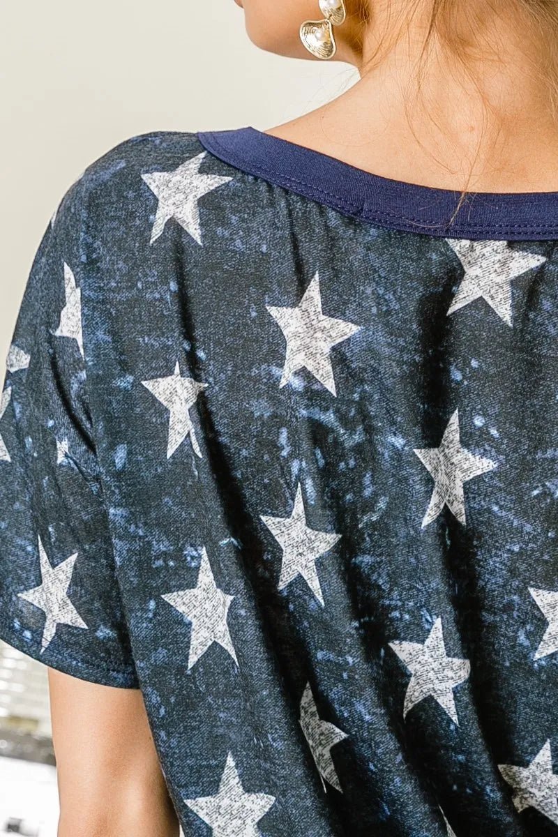 BiBi - Cutout Yoke Star Print Tee in Washed Navy
