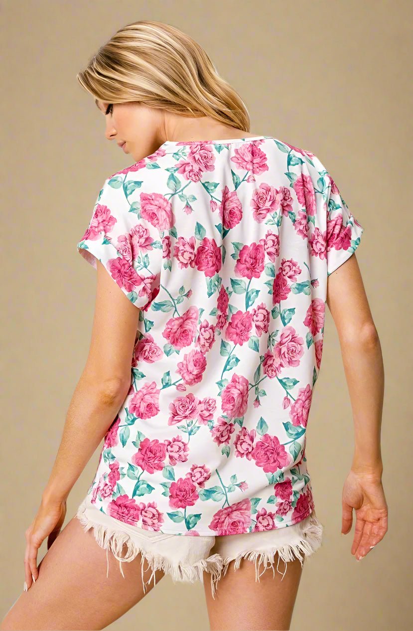 BiBi - Floral Lace Trim V - Neck Tee – White/Rose