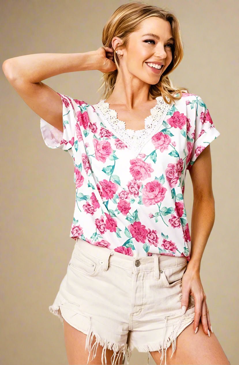 BiBi - Floral Lace Trim V - Neck Tee – White/Rose