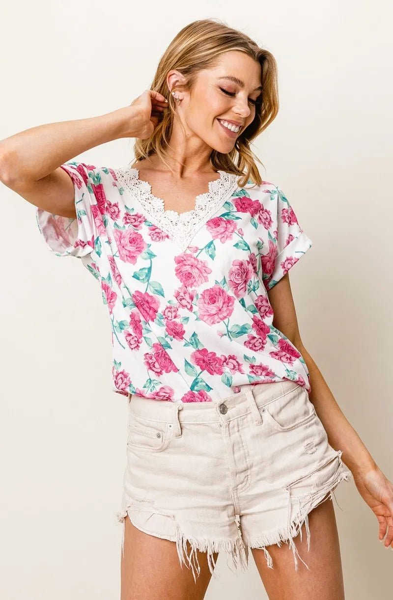 BiBi - Floral Lace Trim V - Neck Tee – White/Rose