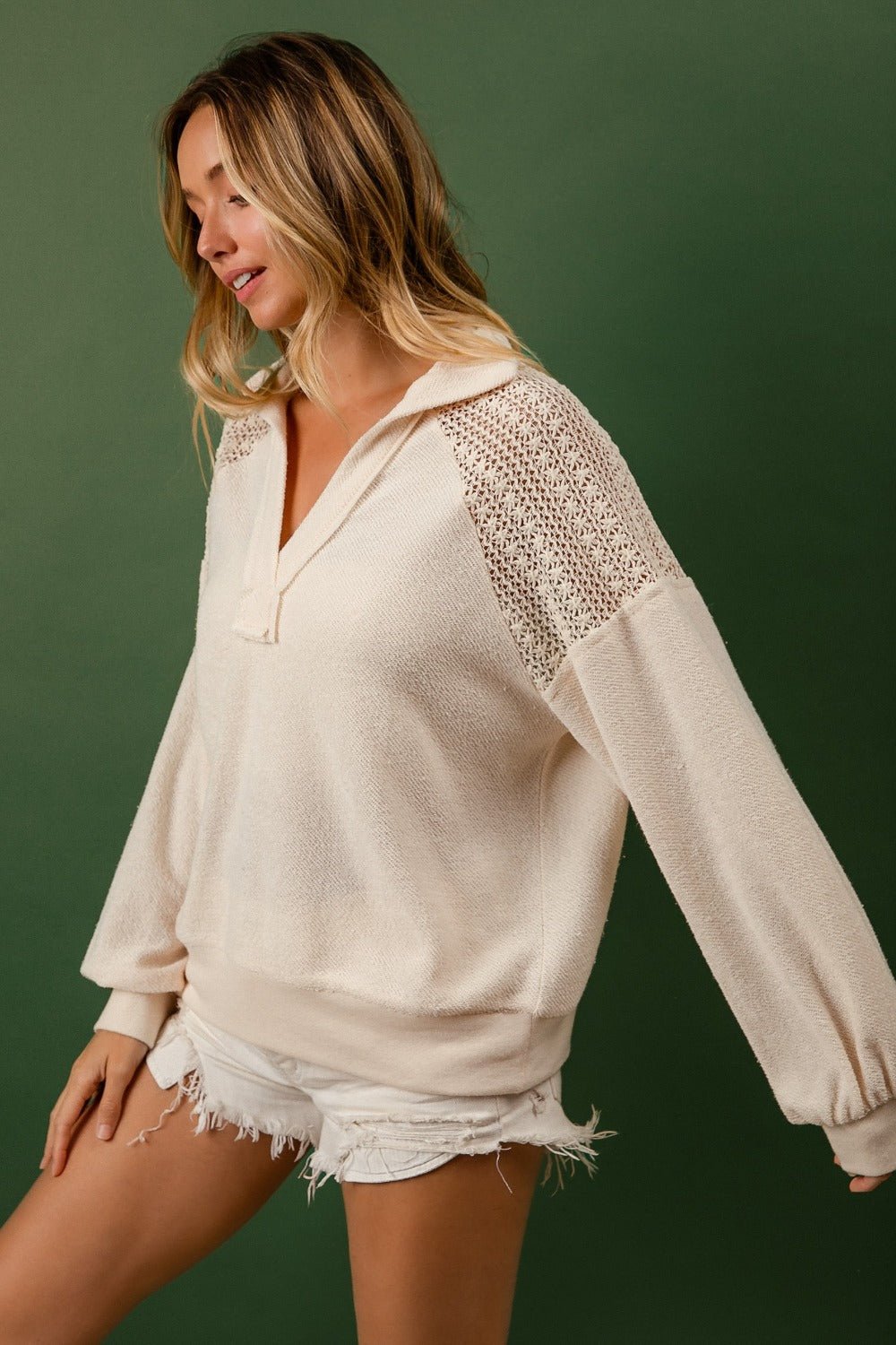 BiBi - French Terry Lace Shoulder Top in Cream