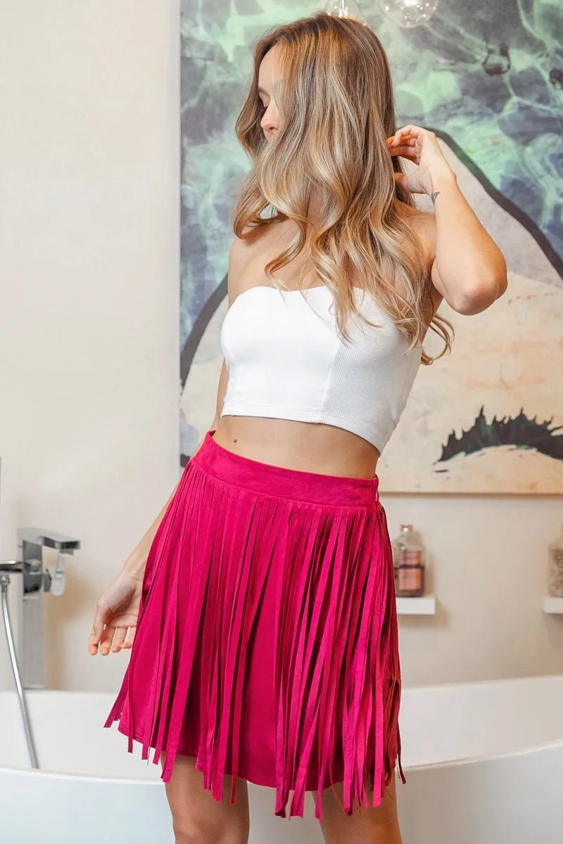 BiBi - Fringe Vegan Suede Mini Skirt in Hot Pink