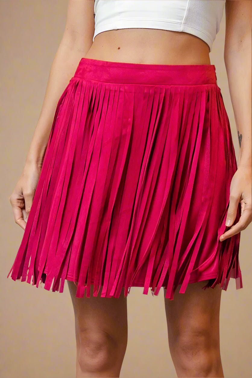 BiBi - Fringe Vegan Suede Mini Skirt in Hot Pink