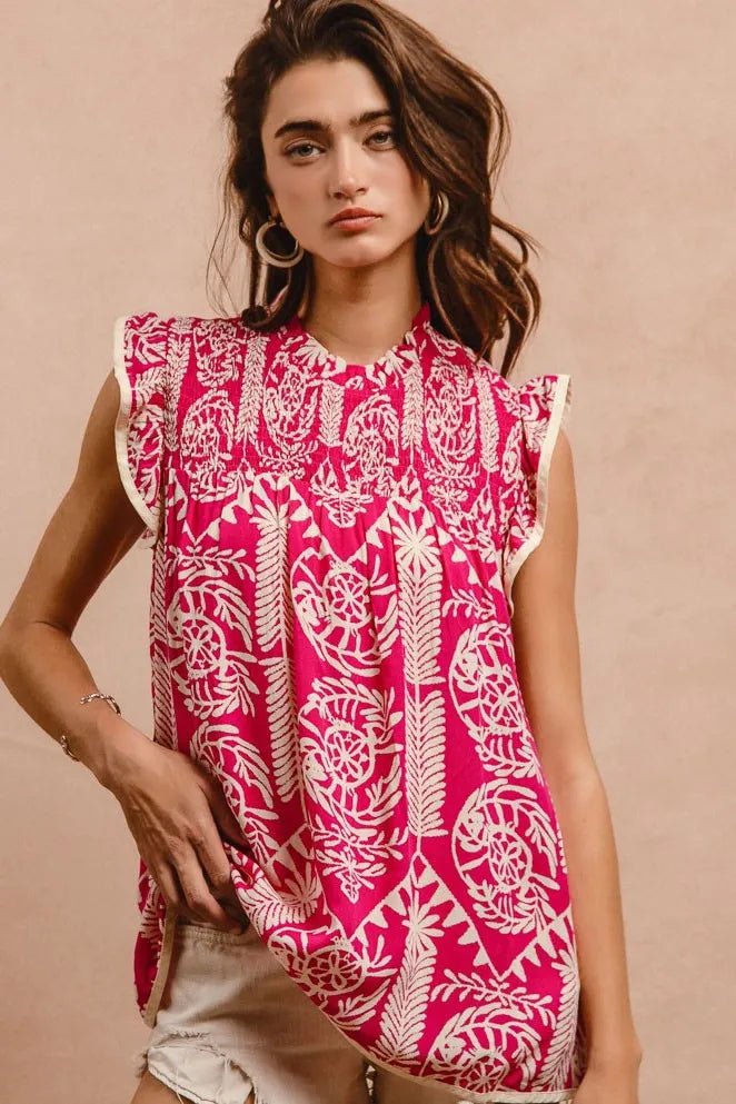 BiBi - Fuchsia & Cream Sleeveless Printed Top