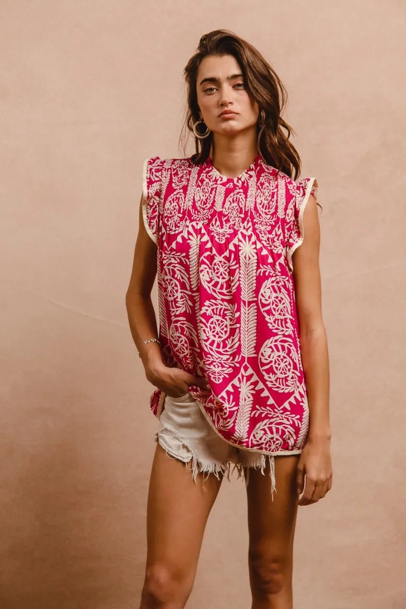 BiBi - Fuchsia & Cream Sleeveless Printed Top