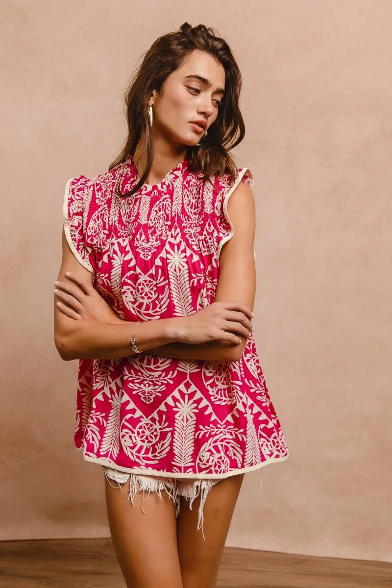 BiBi - Fuchsia & Cream Sleeveless Printed Top