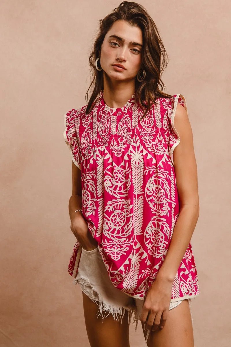BiBi - Fuchsia & Cream Sleeveless Printed Top