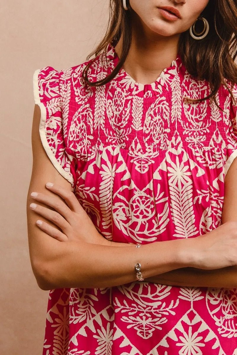 BiBi - Fuchsia & Cream Sleeveless Printed Top