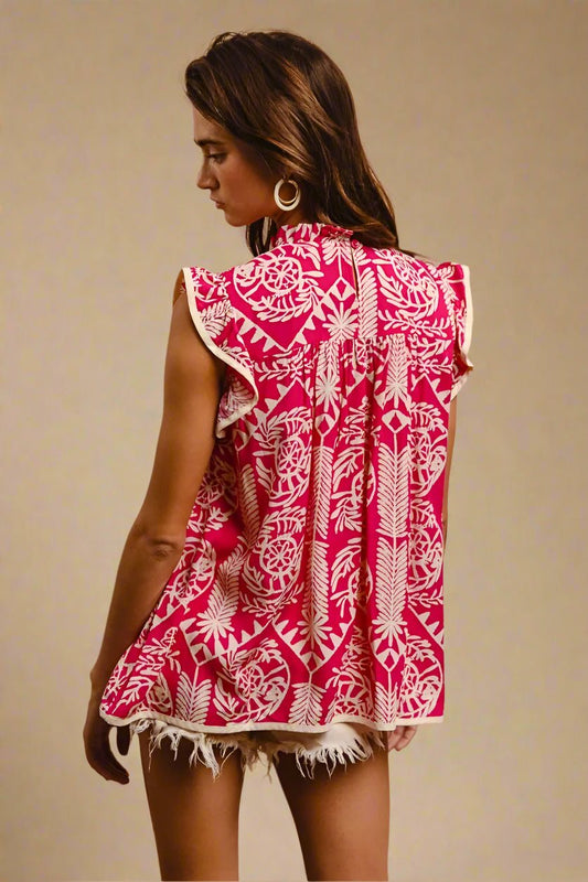 BiBi - Fuchsia & Cream Sleeveless Printed Top