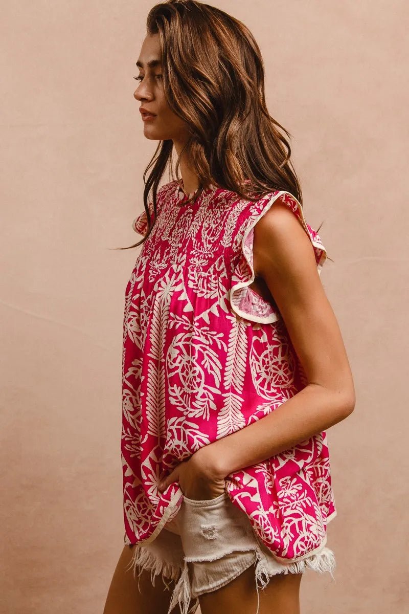 BiBi - Fuchsia & Cream Sleeveless Printed Top