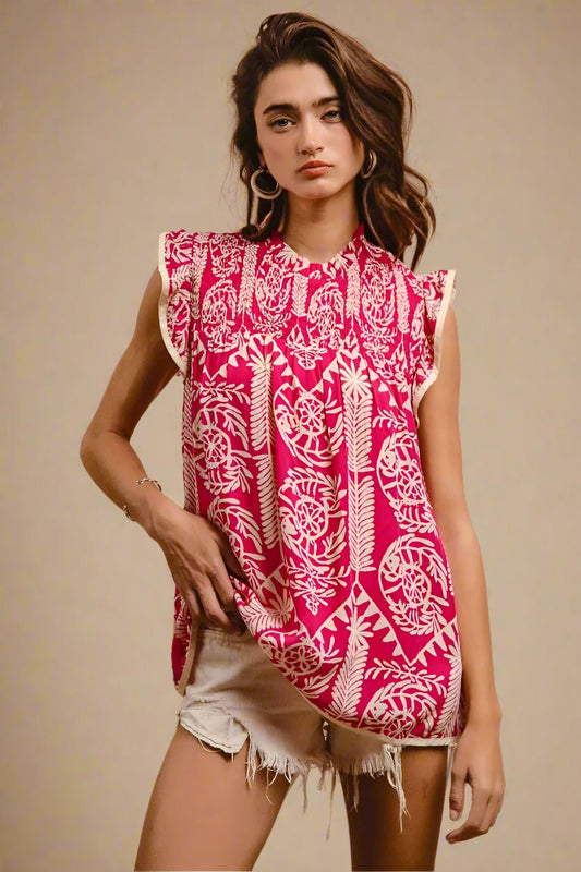 BiBi - Fuchsia & Cream Sleeveless Printed Top