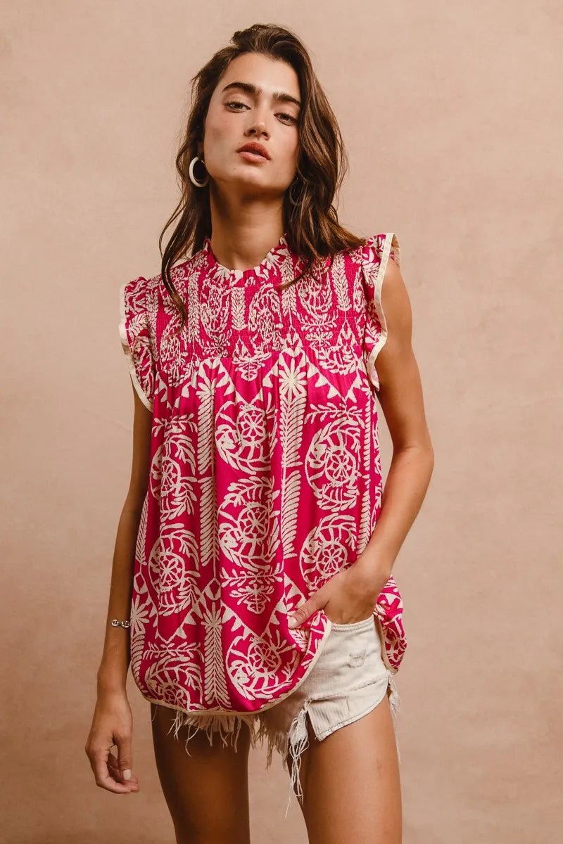 BiBi - Fuchsia & Cream Sleeveless Printed Top