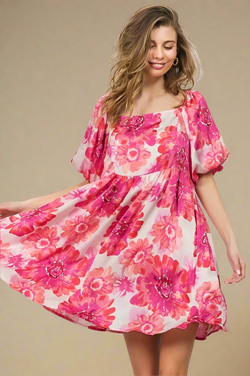 BiBi - Fuchsia Floral Breeze Mini Dress