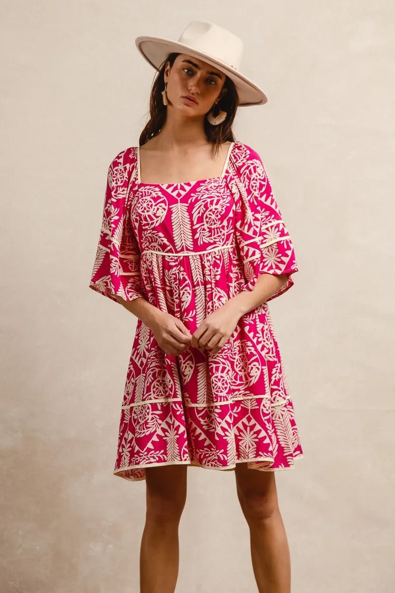 BiBi - Fuchsia & Ivory Boho Print Mini Dress
