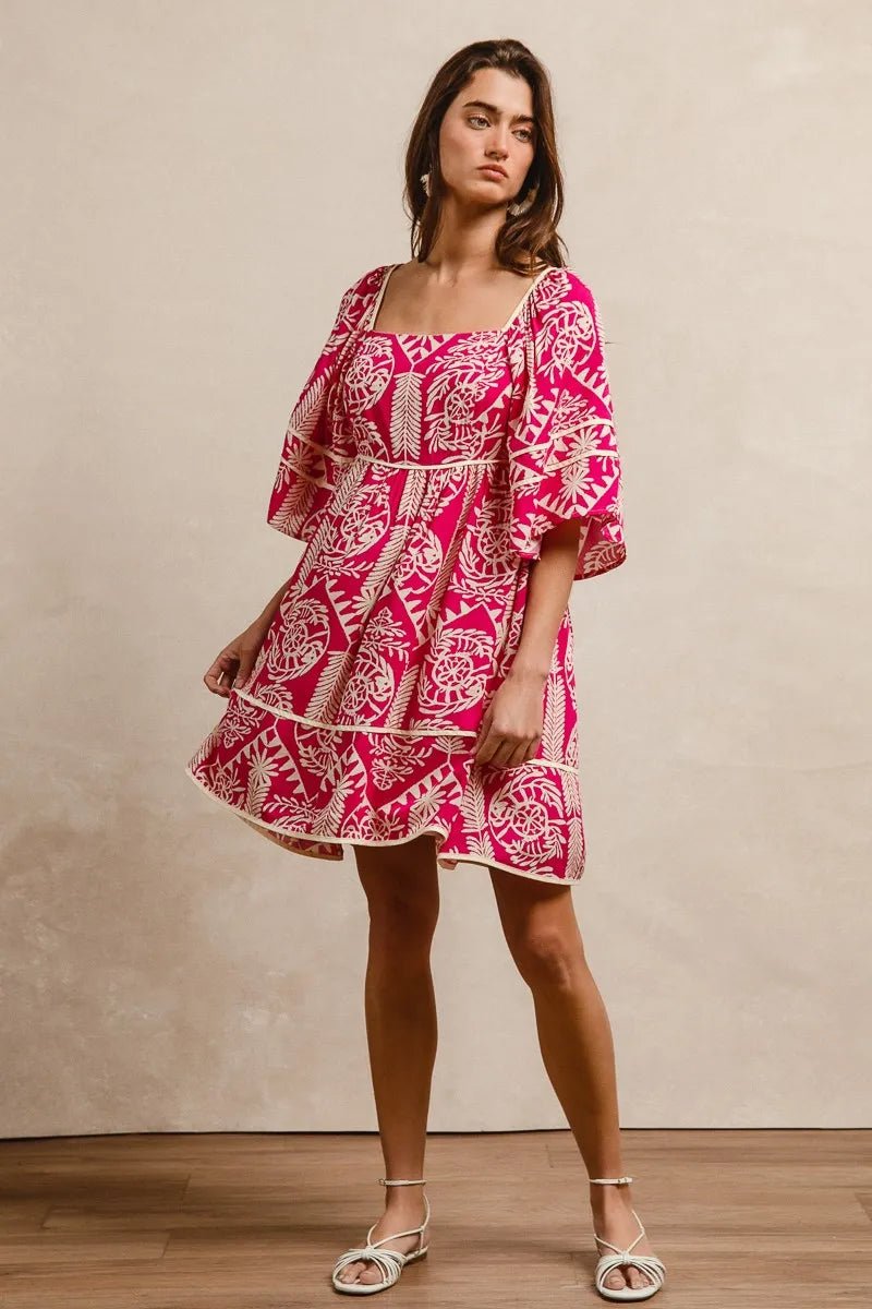 BiBi - Fuchsia & Ivory Boho Print Mini Dress