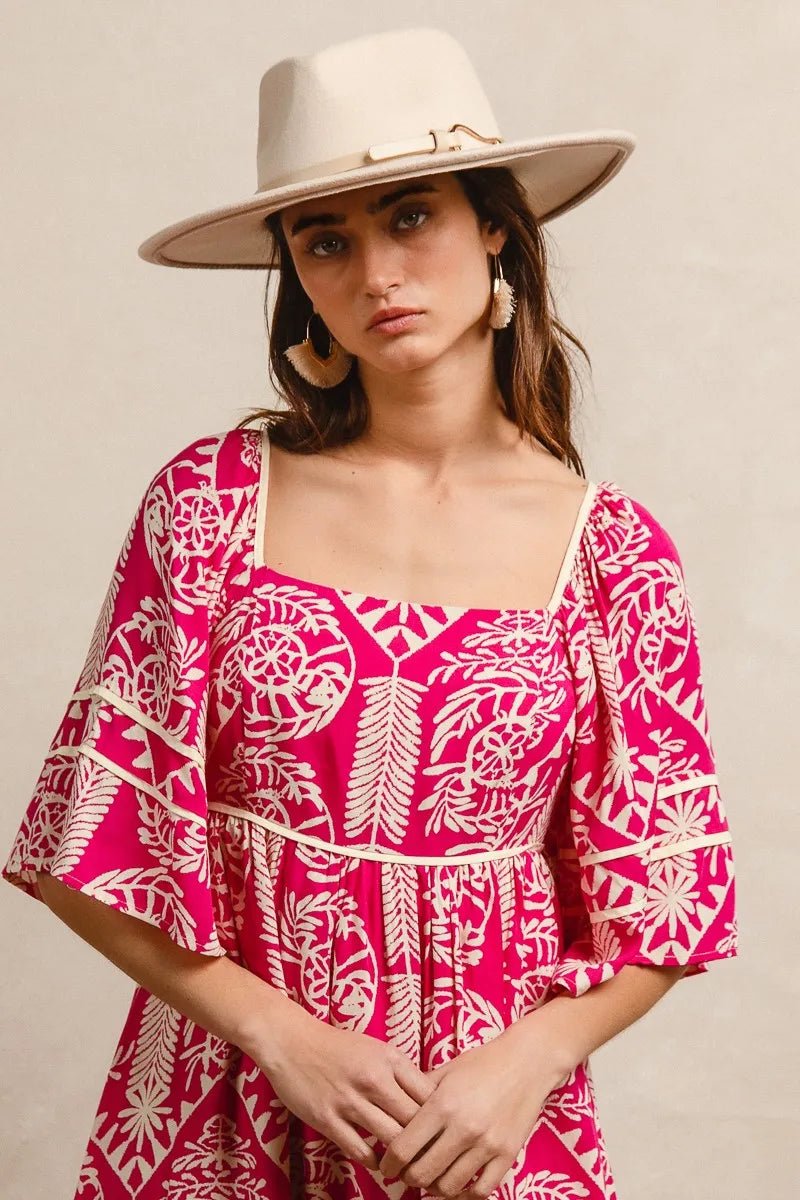 BiBi - Fuchsia & Ivory Boho Print Mini Dress