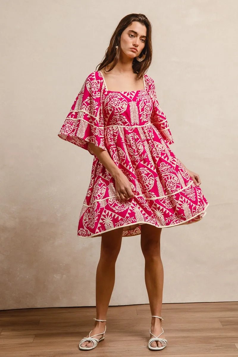 BiBi - Fuchsia & Ivory Boho Print Mini Dress