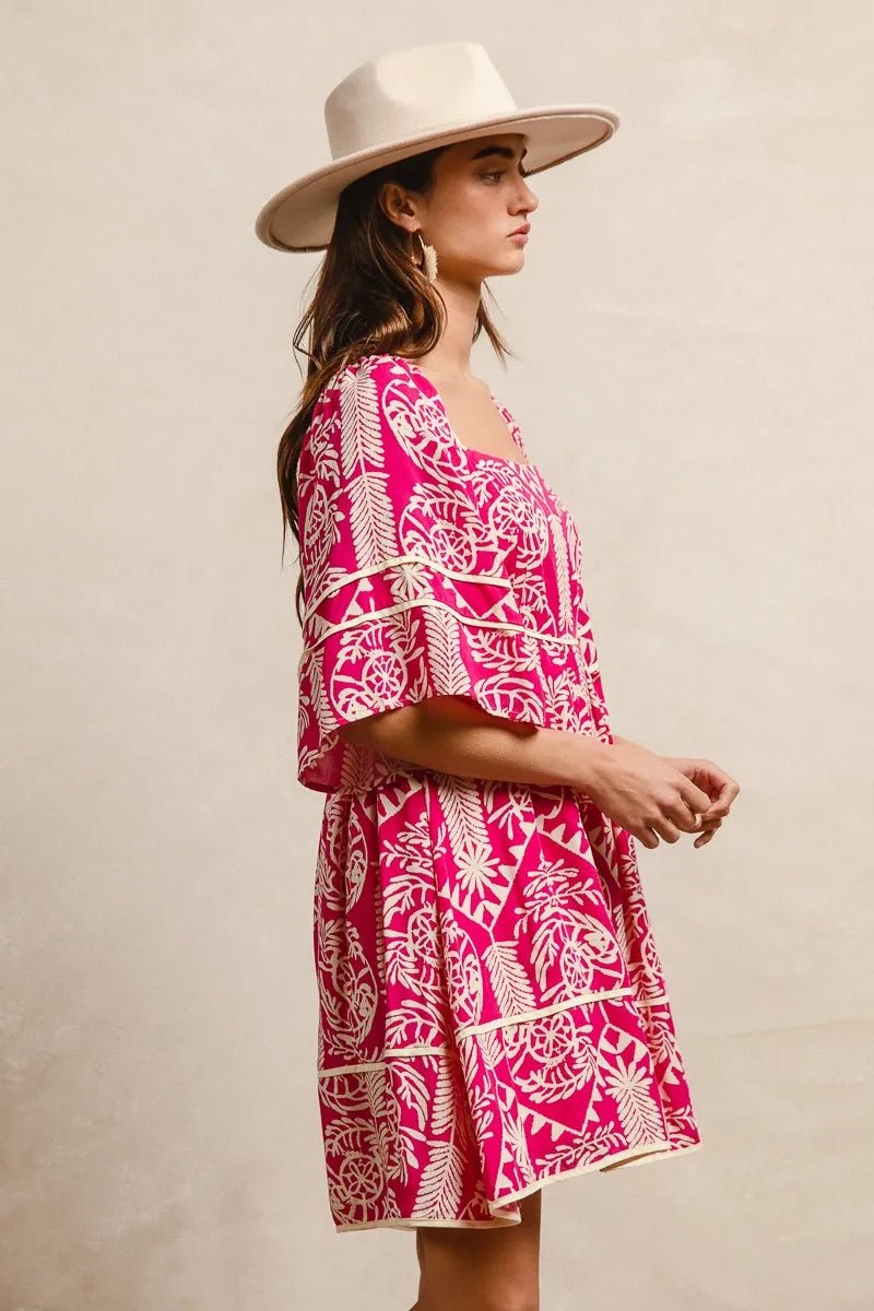 BiBi - Fuchsia & Ivory Boho Print Mini Dress