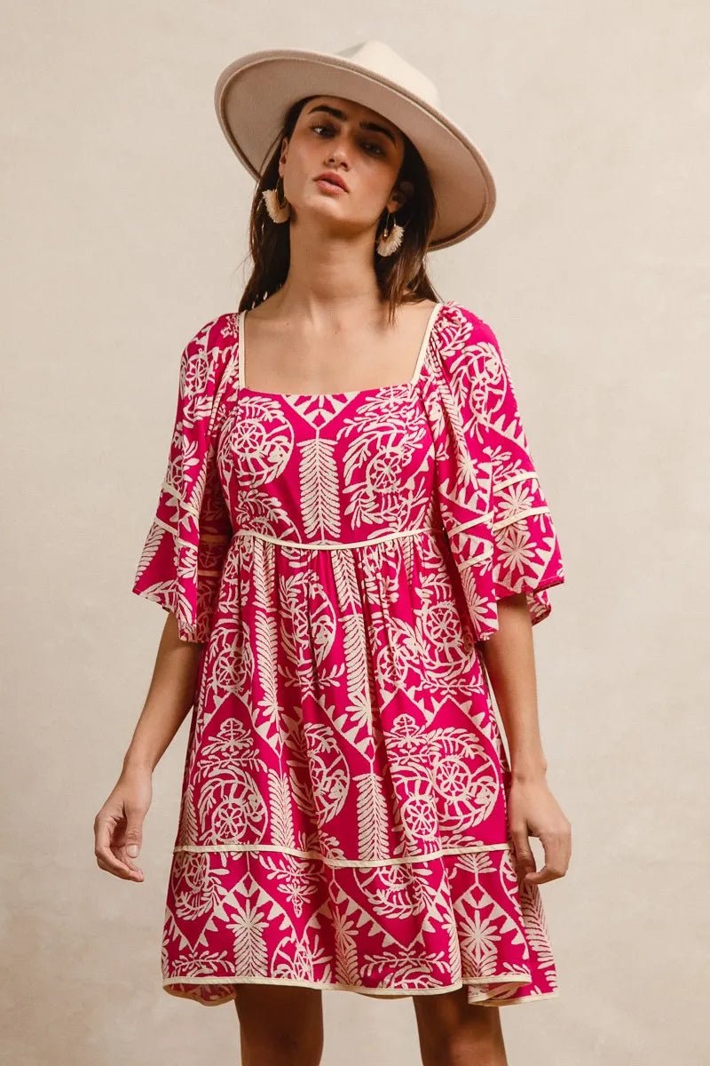 BiBi - Fuchsia & Ivory Boho Print Mini Dress