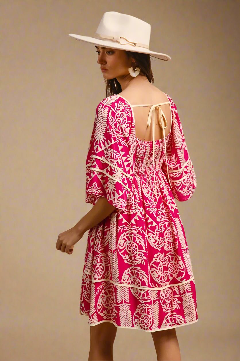 BiBi - Fuchsia & Ivory Boho Print Mini Dress