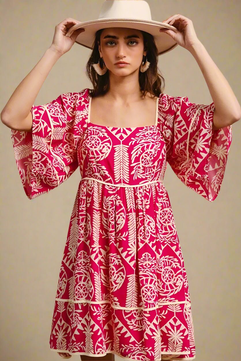 BiBi - Fuchsia & Ivory Boho Print Mini Dress