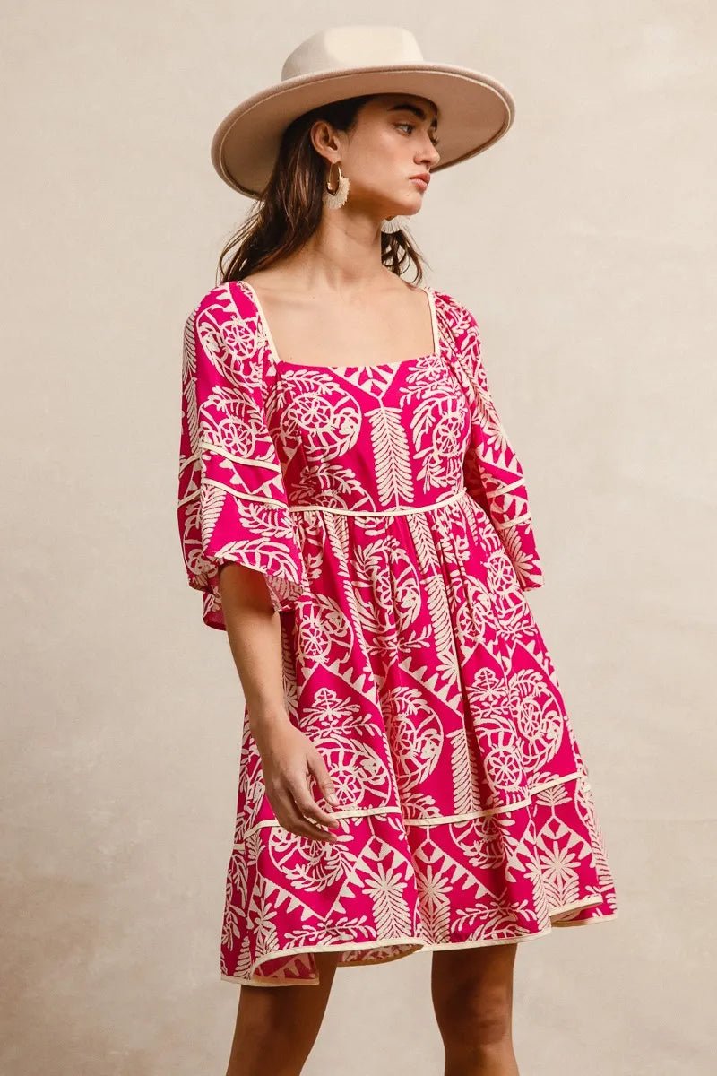 BiBi - Fuchsia & Ivory Boho Print Mini Dress