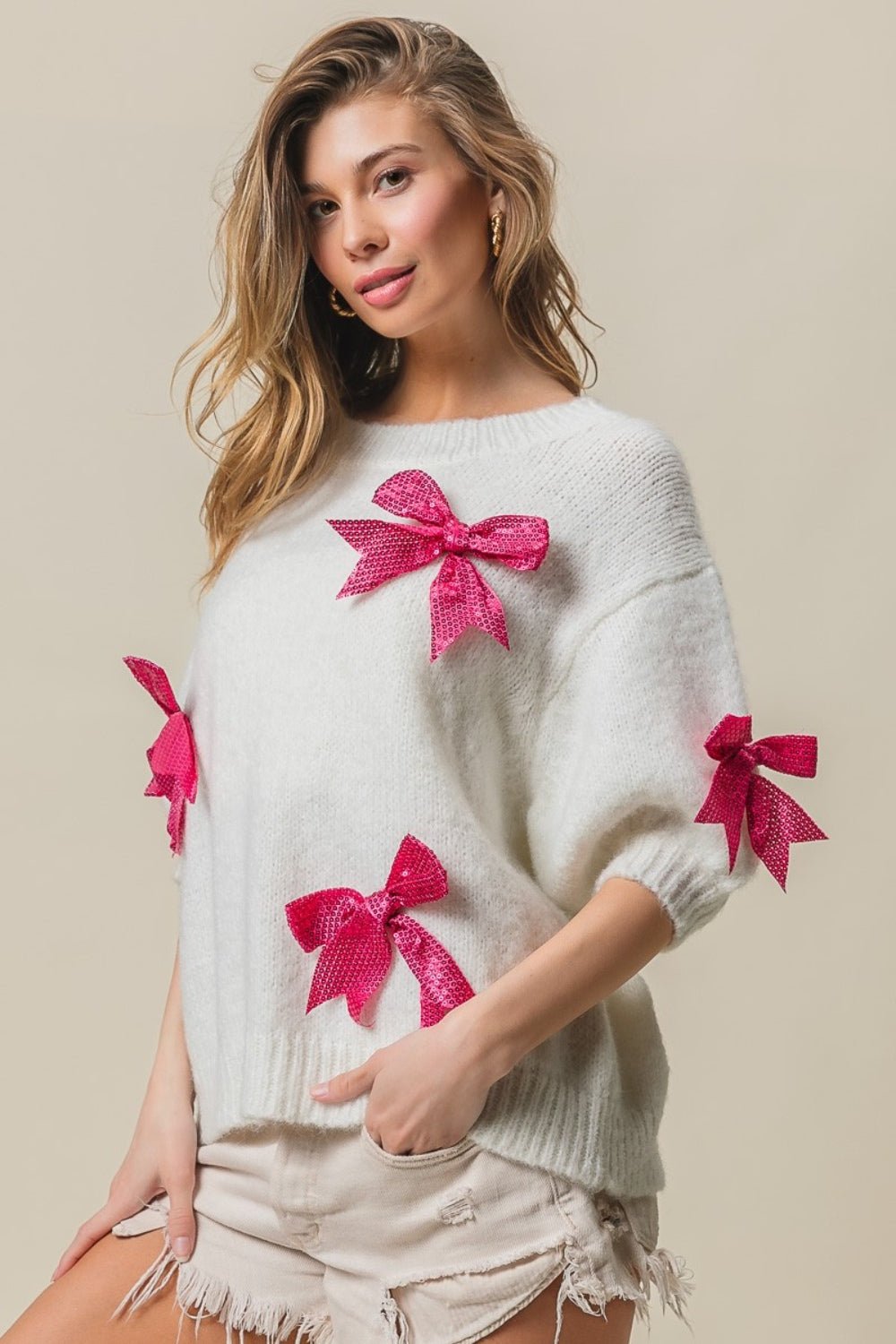 BiBi - Fuchsia Sequin Bow Puff Sleeve Sweater in Ivory