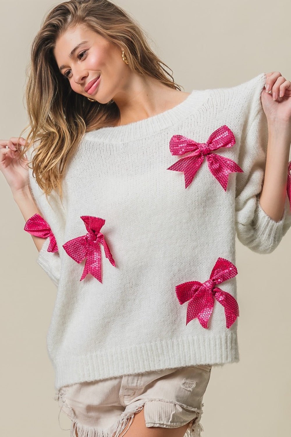 BiBi - Fuchsia Sequin Bow Puff Sleeve Sweater in Ivory