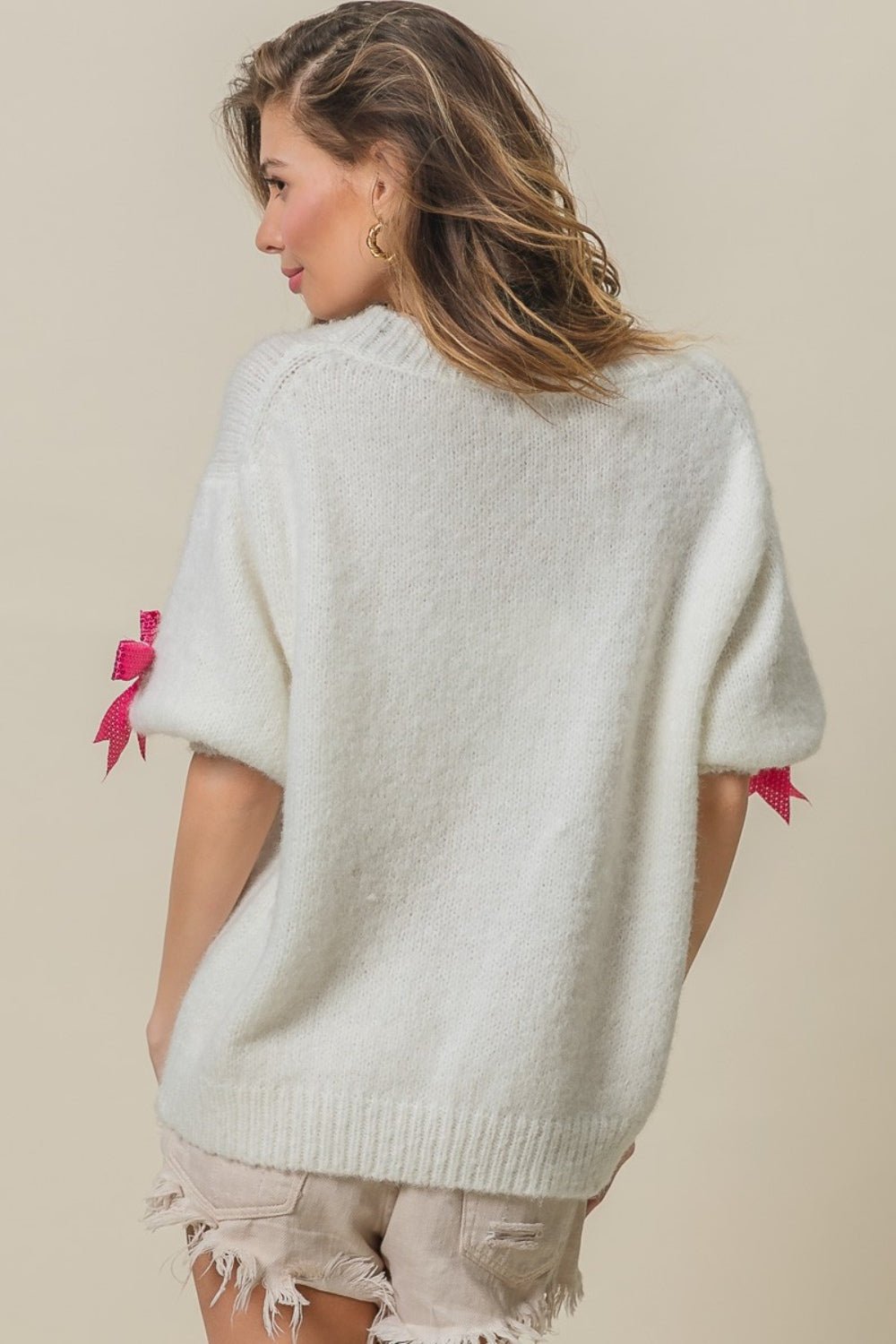 BiBi - Fuchsia Sequin Bow Puff Sleeve Sweater in Ivory