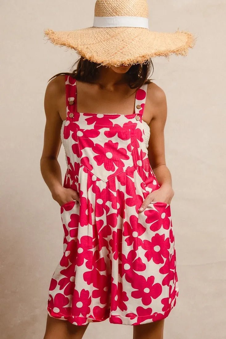 BiBi - Fuchsia & White Floral Print Overall Romper