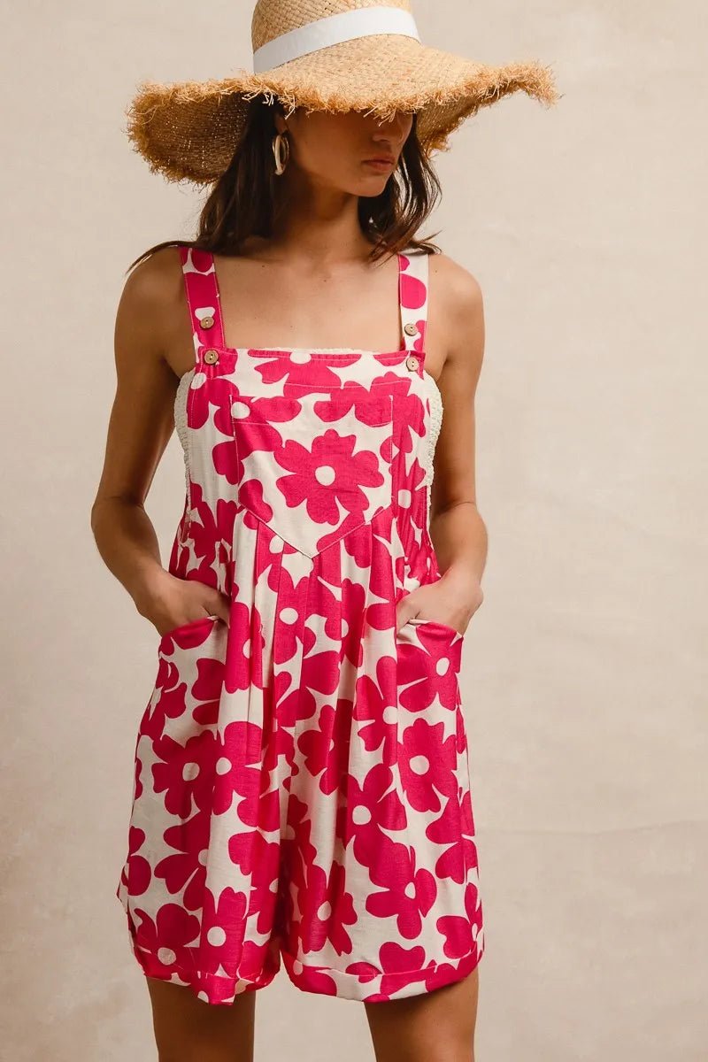 BiBi - Fuchsia & White Floral Print Overall Romper
