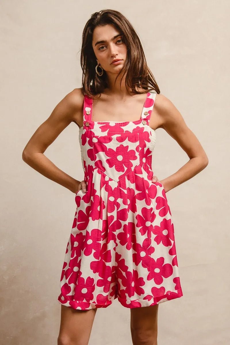 BiBi - Fuchsia & White Floral Print Overall Romper