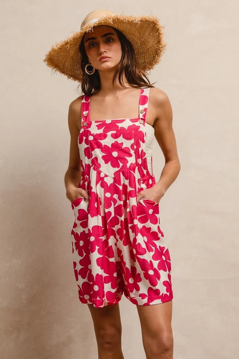 BiBi - Fuchsia & White Floral Print Overall Romper