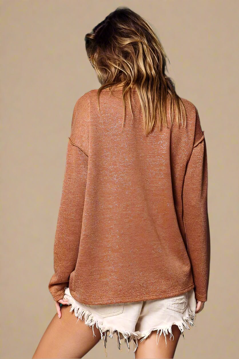 BiBi - Glitter Henley Knit Top in Rust Copper