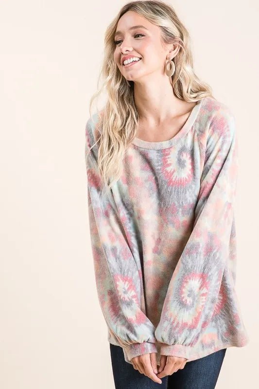 BiBi - Gray & Coral Tie - Dye Long Sleeve Oversized Top
