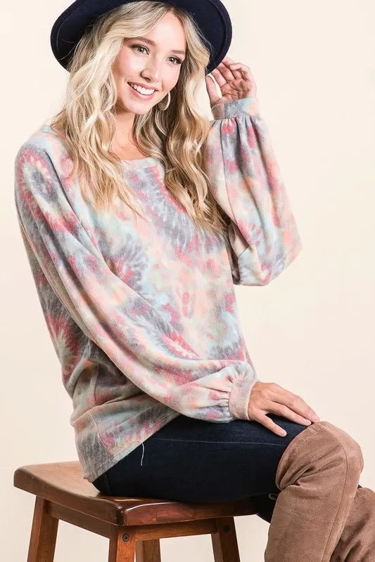 BiBi - Gray & Coral Tie - Dye Long Sleeve Oversized Top