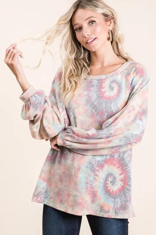 BiBi - Gray & Coral Tie - Dye Long Sleeve Oversized Top