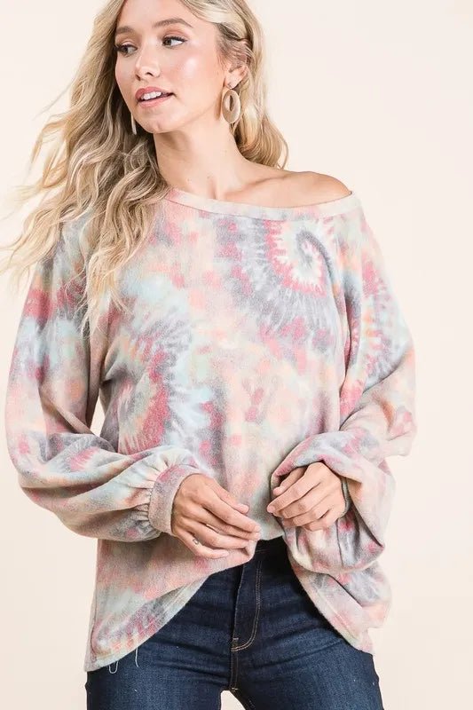 BiBi - Gray & Coral Tie - Dye Long Sleeve Oversized Top