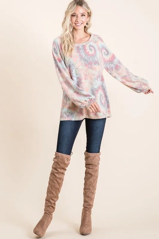 BiBi - Gray & Coral Tie - Dye Long Sleeve Oversized Top