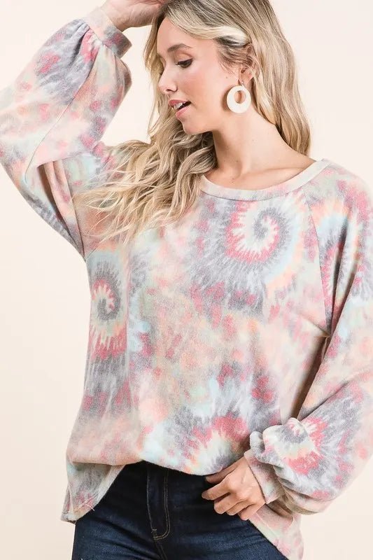BiBi - Gray & Coral Tie - Dye Long Sleeve Oversized Top