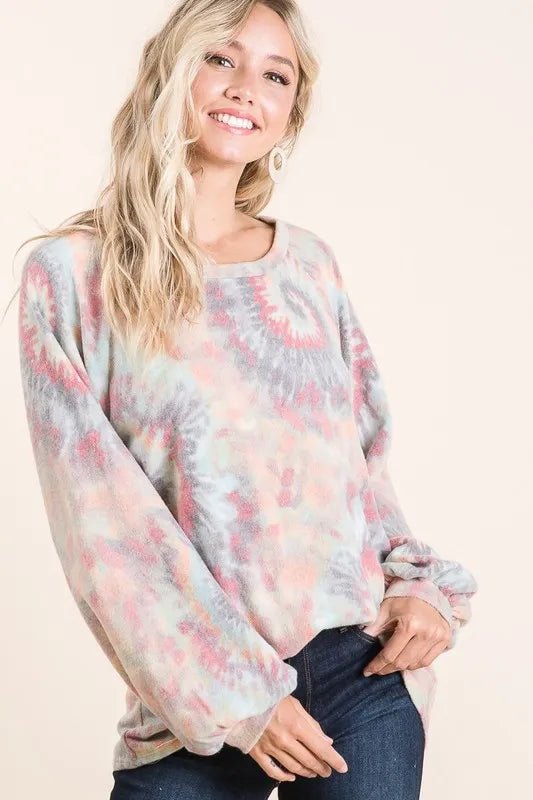 BiBi - Gray & Coral Tie - Dye Long Sleeve Oversized Top